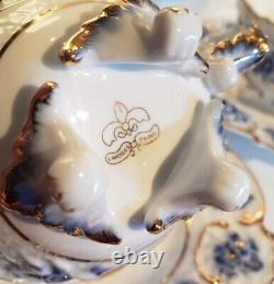 Rare Limoges Porcelain Tea for 6 Teapot & Lid, Creamer, Sugar Cup Flow Blue Gold