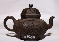 Rare Old Chinese Hand Carving ZiSha Pottery Teapot Marked GuangMing PT150