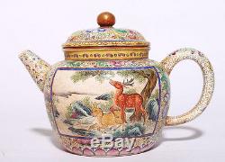 Rare Old Chinese Hand Painted Deers ZiSha Pottery Teapot Marked YongZheng PT100