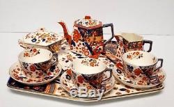 Rare RIDGWAYS Imari OLD DERBY TEA SET with TRAY, TEAPOT, CREAMER, 3 CUPS & SAUCERS