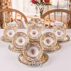 Rare Royal Crown Derby Hand Gilded & Pink Floral Vintage Tea Set & Teapot