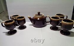 Rare Vintage McCoy Tea pot and 6 footed cups set Brown multi rustic distressed