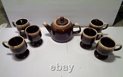 Rare Vintage McCoy Tea pot and 6 footed cups set Brown multi rustic distressed