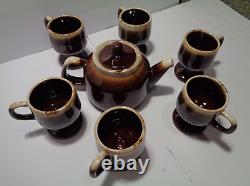 Rare Vintage McCoy Tea pot and 6 footed cups set Brown multi rustic distressed