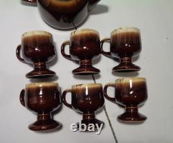 Rare Vintage McCoy Tea pot and 6 footed cups set Brown multi rustic distressed