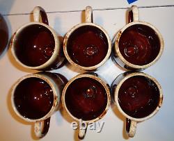 Rare Vintage McCoy Tea pot and 6 footed cups set Brown multi rustic distressed