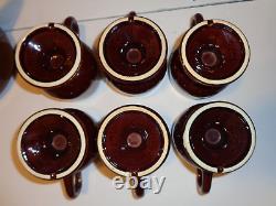 Rare Vintage McCoy Tea pot and 6 footed cups set Brown multi rustic distressed