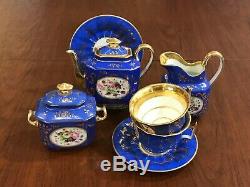 Rare antique Old Paris Teapot & Tea Set Floral blue gold France Porcelain