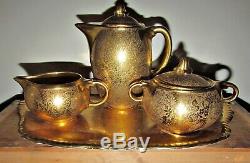 Rare luray 6 pc coffee tea set all gold with pattern tea pot sugar creamer & tray
