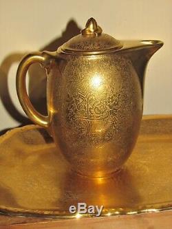 Rare luray 6 pc coffee tea set all gold with pattern tea pot sugar creamer & tray