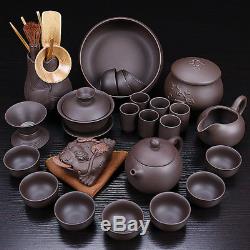Real yixing zisha tea set original ore purple grit kungfu tea set pot cup tureen