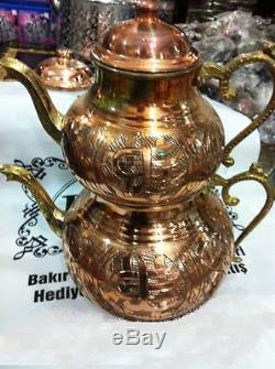 Red Copper Teapot Set, Turkish Hand Made Hammered Copper Tea Kettle Large Size