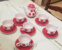 Red and White Polka Dot Gold Rim Porcelain Soviet Tea Pot, 6 cups and 6 saucers