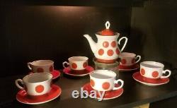 Red and White Polka Dot Gold Rim Porcelain Soviet Tea Pot, 6 cups and 6 saucers