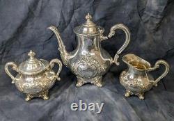 Reed & Barton Silver Tea Set 5600 Regent Hand Chased Coffee, Creamer, Sugar Bowl