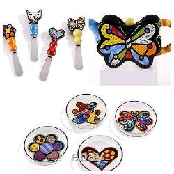 Romero Britto Kitchen Butterfly Set- Spreaders, Mini Teapot, And Tea Bag Holders