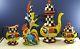 Rooster Tea Pot Sugar Creamer Set Yellow Checkerboard Bold & Vivid Colors