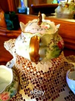 Rosenthal Bavaria Hand Painted Jeweled Rose Tea Pot/Creamer/Sugar Bowl Set