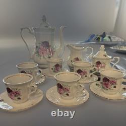 Roses Coffee Tea Pot Sugar Bowl/Lid, Creamer, 6 Teacups/Saucers Set Poland China