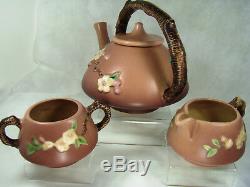 Roseville Pottery Apple Blossom Tea Pot Matte Pink 371 Teapot, Sugar, Cream SET