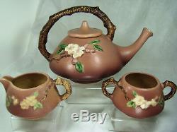 Roseville Pottery Apple Blossom Tea Pot Matte Pink 371 Teapot, Sugar, Cream SET