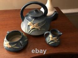 Roseville Pottery Bermuda Blue Zephyr Lily Teapot, Open Sugar Bowl & Creamer Set