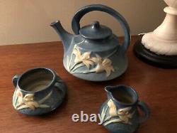 Roseville Pottery Bermuda Blue Zephyr Lily Teapot, Open Sugar Bowl & Creamer Set