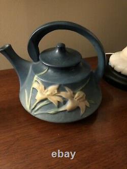 Roseville Pottery Bermuda Blue Zephyr Lily Teapot, Open Sugar Bowl & Creamer Set