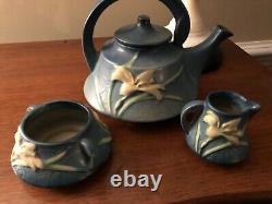 Roseville Pottery Bermuda Blue Zephyr Lily Teapot, Open Sugar Bowl & Creamer Set