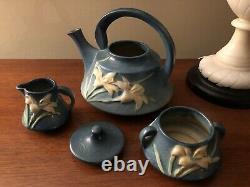 Roseville Pottery Bermuda Blue Zephyr Lily Teapot, Open Sugar Bowl & Creamer Set