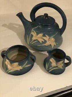 Roseville Pottery Bermuda Blue Zephyr Lily Teapot, Open Sugar Bowl & Creamer Set