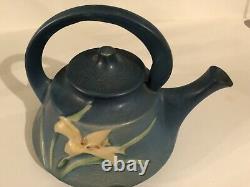 Roseville Pottery Bermuda Blue Zephyr Lily Teapot, Open Sugar Bowl & Creamer Set