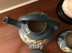 Roseville Pottery Bermuda Blue Zephyr Lily Teapot, Open Sugar Bowl & Creamer Set