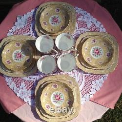 Royal Albert Devonshire Lace Teapot, tea cups, saucers, plates set for 4 -EUC