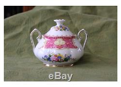 Royal Albert, Lady Carlyle, Teapot, Creamer & Sugar Set with Pink Glass Candy Dish