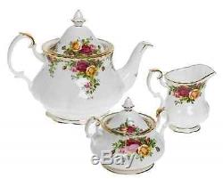 Royal Albert Old Country Roses 3-Pc Tea Set Teapot Sugar Bowl Creamer Bone China