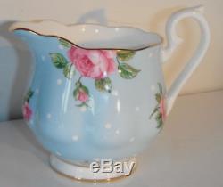 Royal Albert POLKA BLUE Rose Boxed Unused Teapot, Milk Jug & Sugar Bowl Set