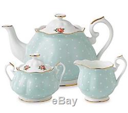 Royal Albert Polka Rose 3 PC Tea Set Teapot Sugar Bowl & Creamer New Boxed