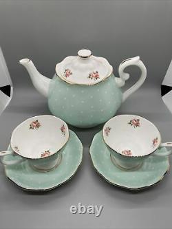 Royal Albert Polka Rose Teapot And Two Cups With Saucers Excellent Condition