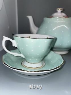 Royal Albert Polka Rose Teapot And Two Cups With Saucers Excellent Condition