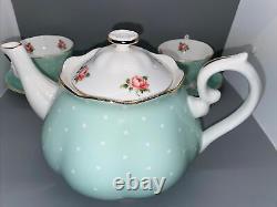 Royal Albert Polka Rose Teapot And Two Cups With Saucers Excellent Condition