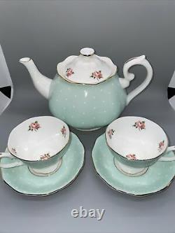 Royal Albert Polka Rose Teapot And Two Cups With Saucers Excellent Condition