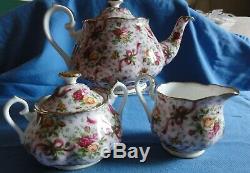 Royal Albert RUBY CELEBRATION 2002 TEA SET PINK CHINTZ Old Country Rose teapot +