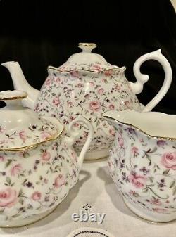 Royal Albert Rose Confetti 3-Piece Tea Set Teapot Sugar and Creamer New