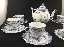 Royal Copenhagen Blue Fluted Full Lace Tea Set withPot & 6 Cups & Saucers #1118