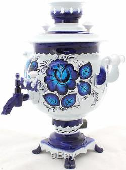 Russian Electric Samovar Tray Teapot Set Gzhel Handmade Painting Tea Kettle