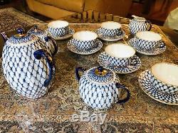 Russian Imperial Lomonosov Porcelain Tea pot 16 pc set Blue /22K GOLD