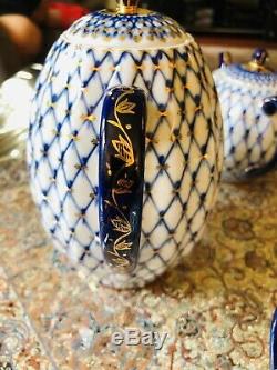 Russian Imperial Lomonosov Porcelain Tea pot 16 pc set Blue /22K GOLD