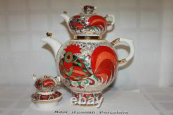 Russian Imperial Lomonosov Porcelain set TWO Teapots Small, BIG Rooster Cockerel