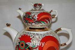 Russian Imperial Lomonosov Porcelain set TWO Teapots Small, BIG Rooster Cockerel